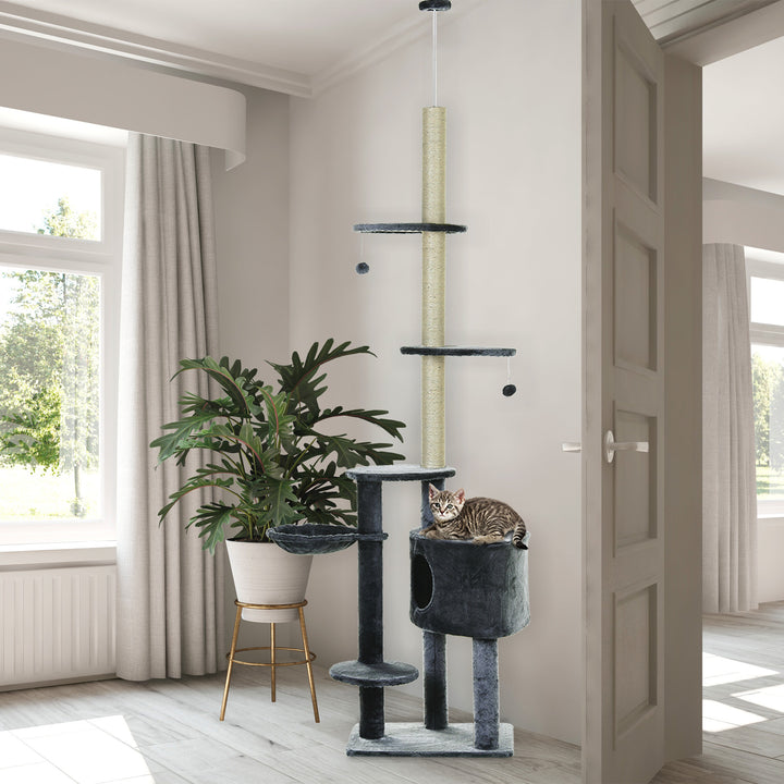 MCL Floor to Ceiling Cat Tree for Indoor Cats Play Tower Climbing Activity Center Scratching Post Platforms Condo Adjustable Height 220-265cm Dark Grey