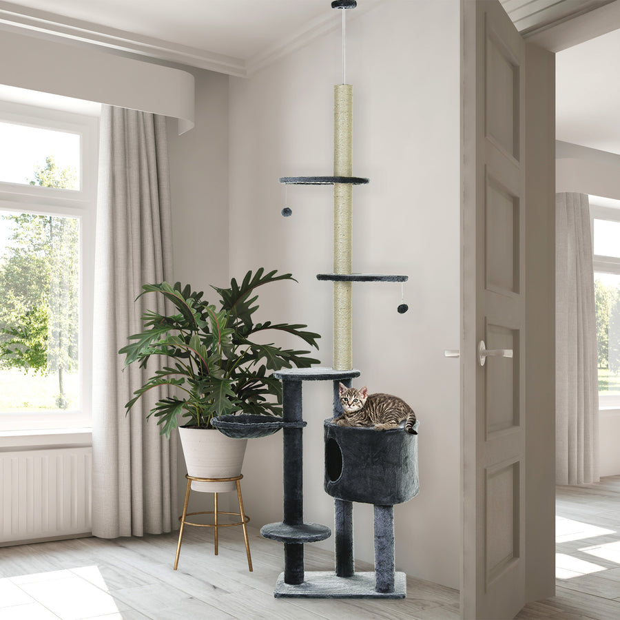 Floor to Ceiling Cat Tree for Indoor Cats Play Tower Climbing Activity Center Scratching Post Platforms Condo Adjustable Height 220-265cm Dark Grey