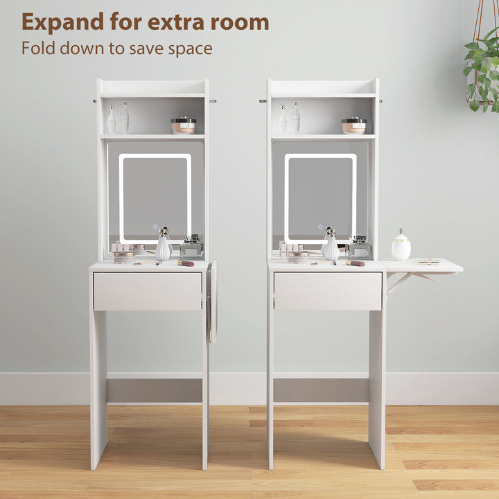 Small Vanity Desk with Mirror and LED Lights, Compact Dressing Table with Drop Leaf, Open Shelves and Drawer, White