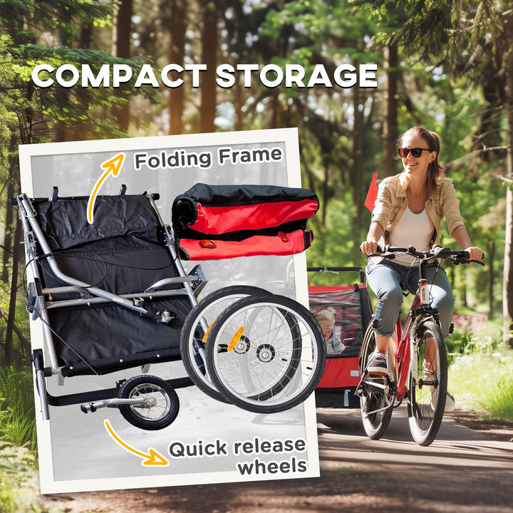 2 Seat Bike Trailer with 5 Point Harness, Baby Bike Stroller with Safety Flag, Reflectors, for 18+ Months, Red