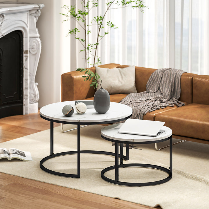 Set of Two Marble-Effect Stacking Tables - Black/White