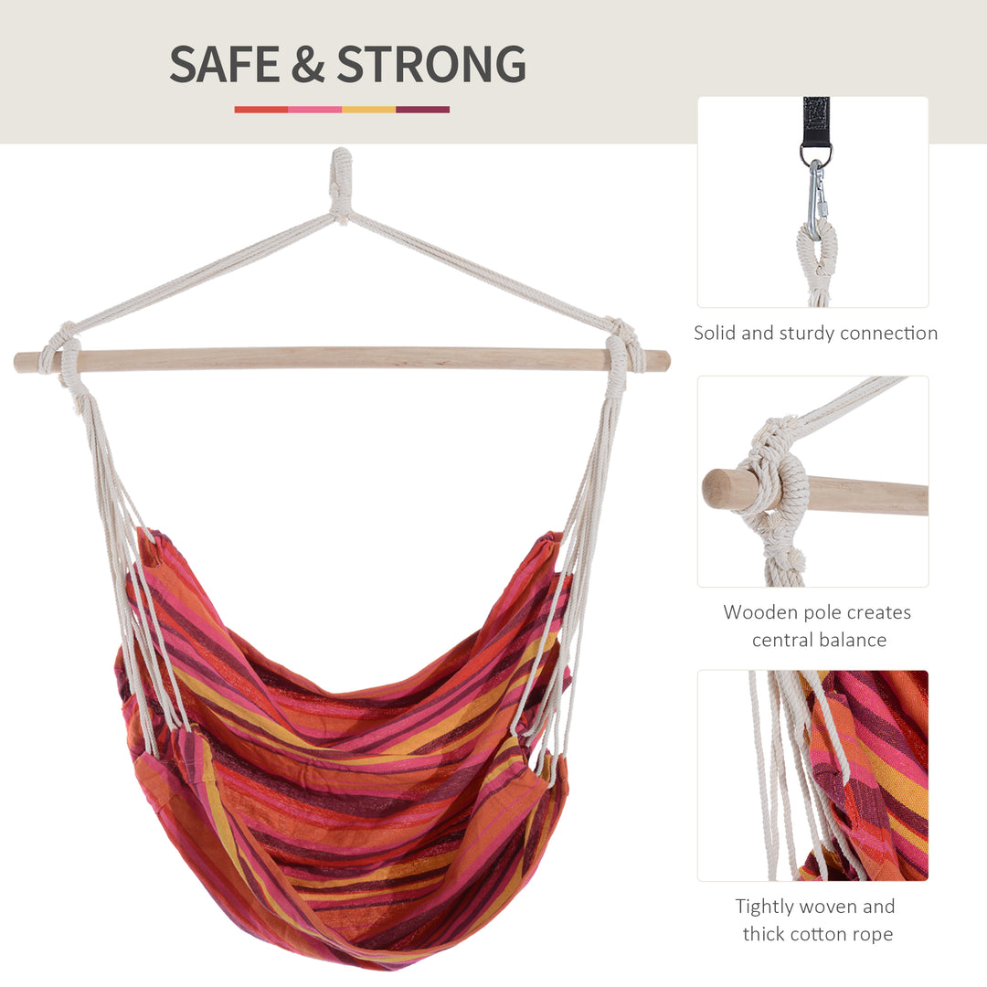 MCL Outdoor Hanging Rope Chair with Cotton Rope, Garden Hammock Chair with Wooden Support Bar Cotton Cloth, Portable Garden Chair for Patio & Tree, Red