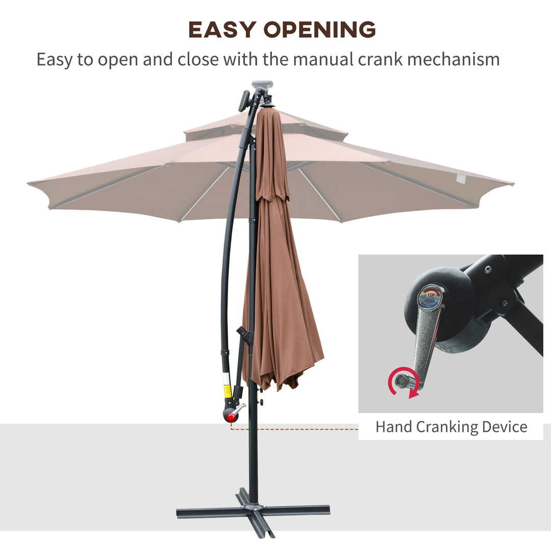 MCL 3(m) Cantilever Banana Parasol Hanging Umbrella with Double Roof, LED Solar lights, Crank, 8 Sturdy Ribs and Cross Base for Outdoor, Garden, Patio, Coffee