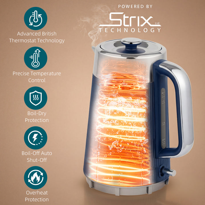 Electric Stainless Steel Kettle and Toaster Set, 3000W 1.7L UK Strix T