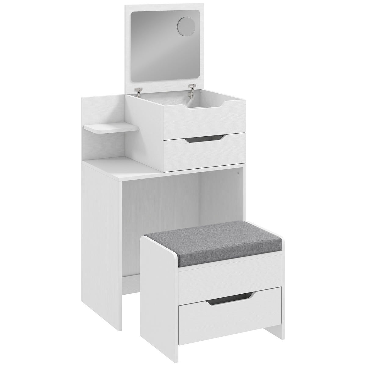 Vanity Desk Flip Top Hidden Mirror Vanity Rolling Stool Open Shelf