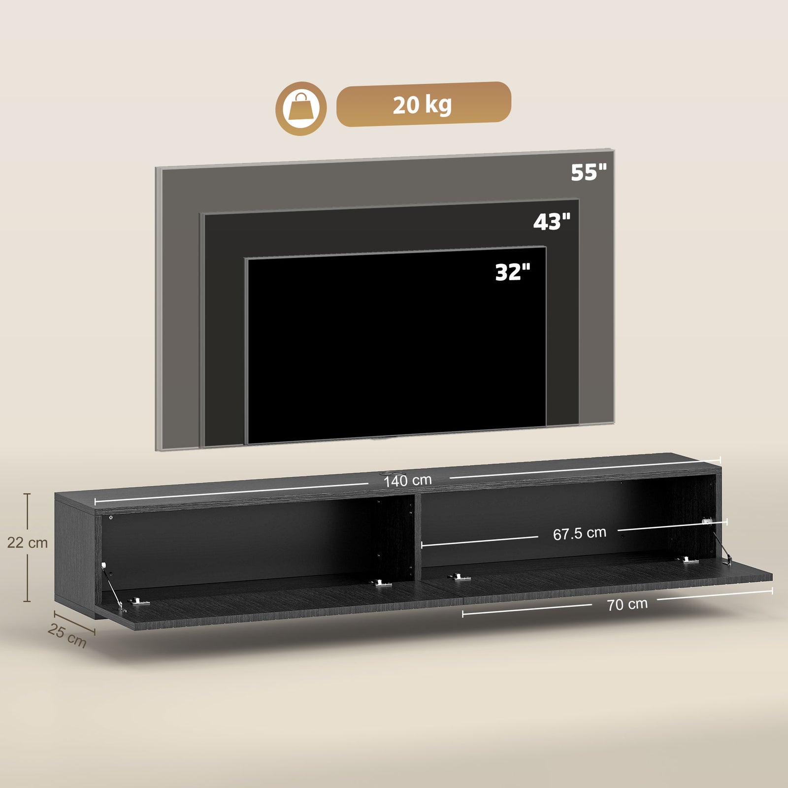140cm Floating TV Stand, Wall Mount TV Unit with Cable Management Hole