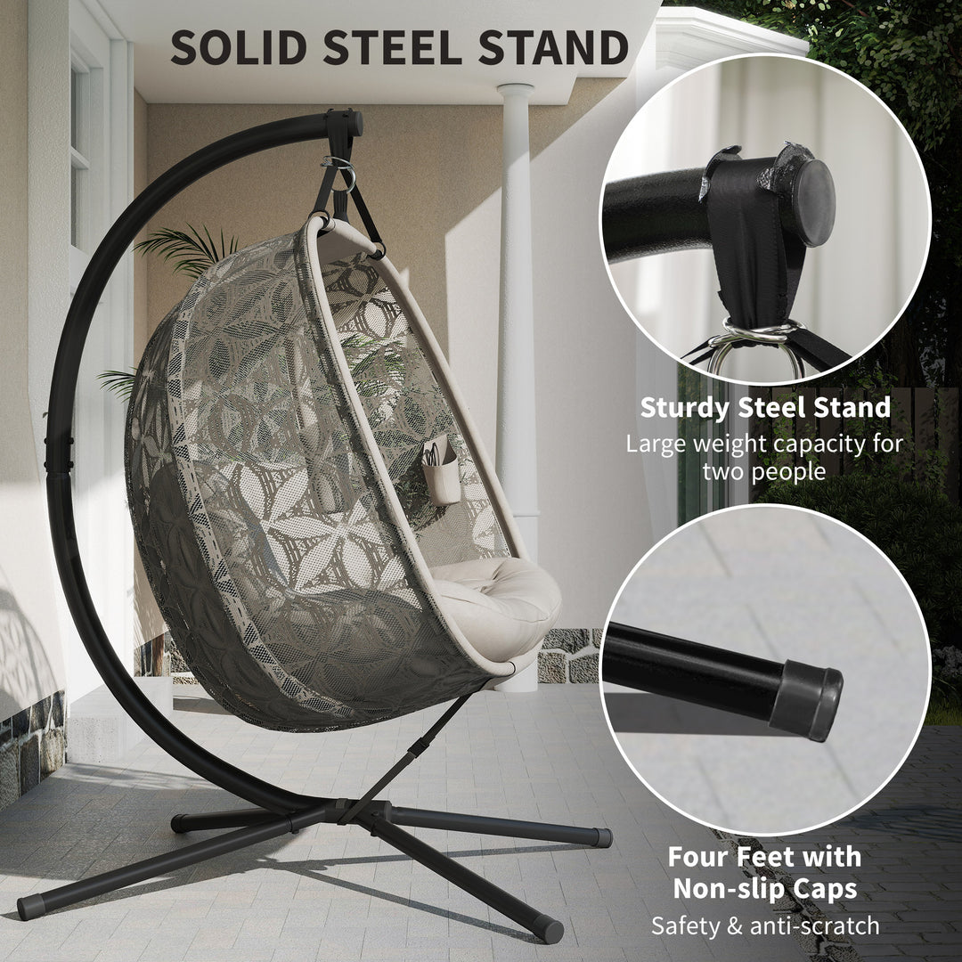 Outdoor Double Hanging Chair with Cushion and Cup Holders, Sand Brown