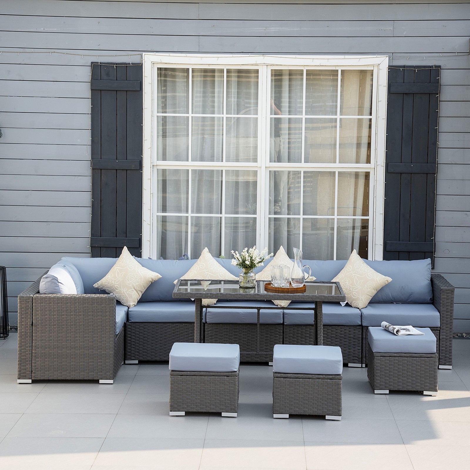 9-Seater Garden Rattan Furniture 10 Pcs Rattan Corner Dining Sofa Set, Grey/Dusty Blue Cushion