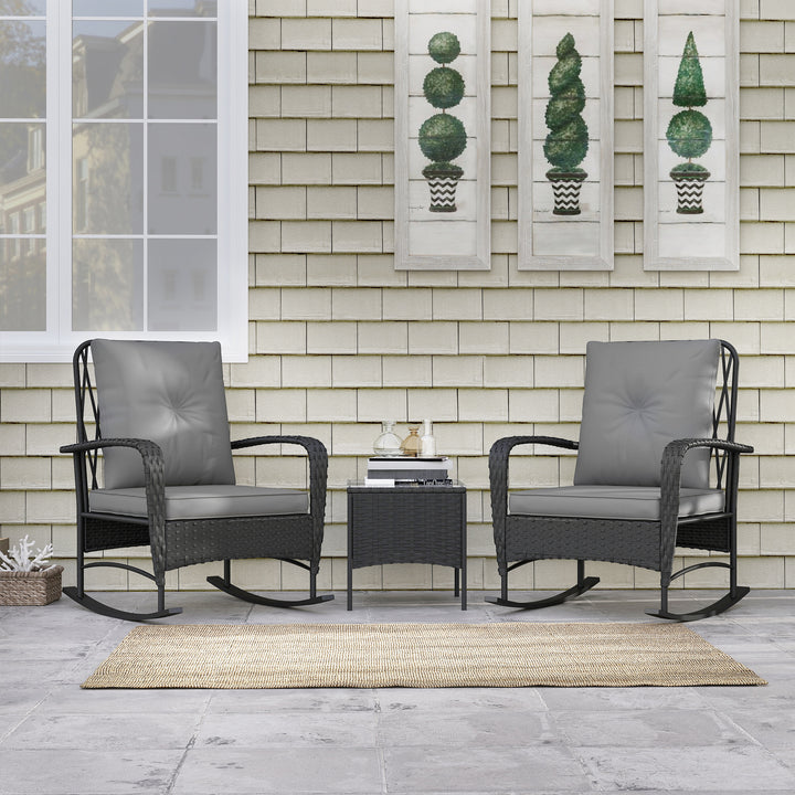 Three-Piece Rocking Chair Rattan Bistro Set - Black