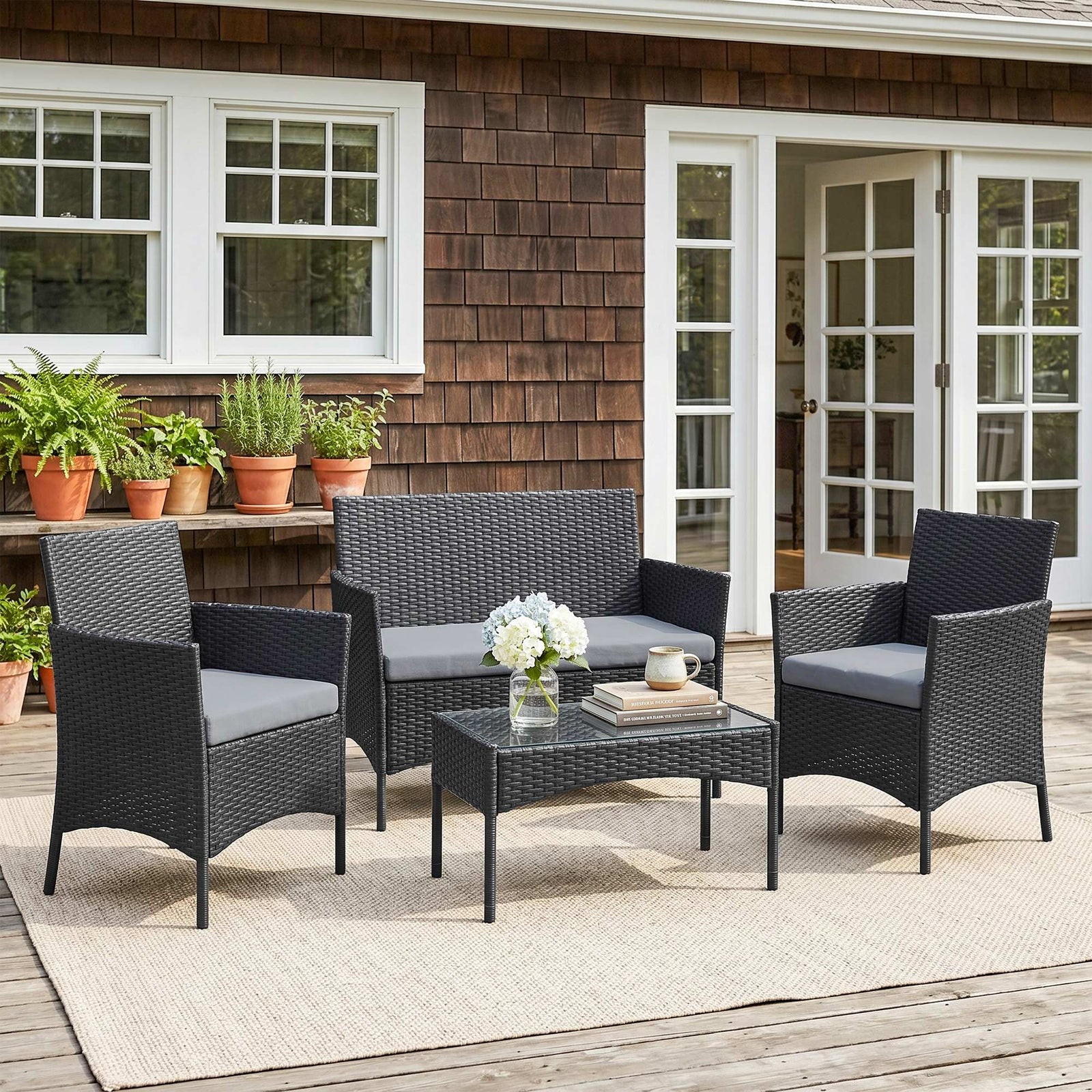4 Piece Rattan Garden Furniture Sofa Set with Loveseat, Armchairs, Gla