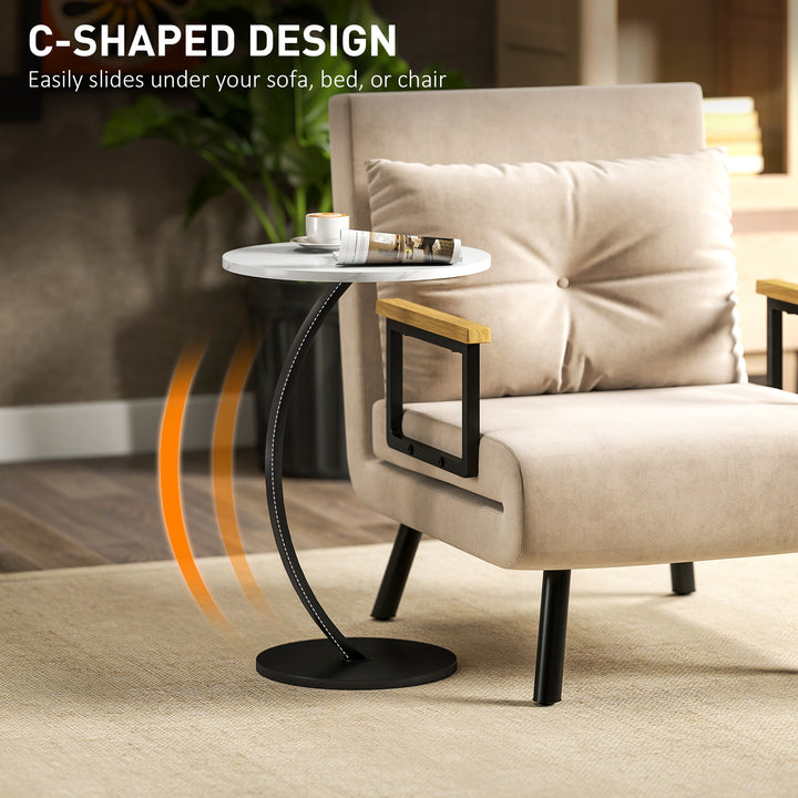 C Shaped Side Table, Round Bedside Table with Marble Effect Top, Modern Coffee Table Sofa End Table with Metal Frame for Living Room Bedroom Office, White