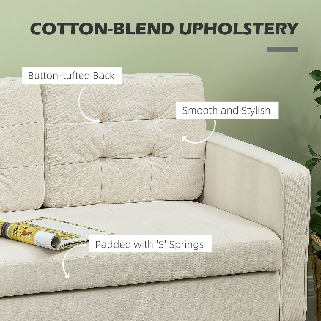 Modern Loveseat Sofa, Compact 2 Seater Sofa with Hidden Storage, 117cm Tufted Cotton Couch with Wood Legs, Cream White
