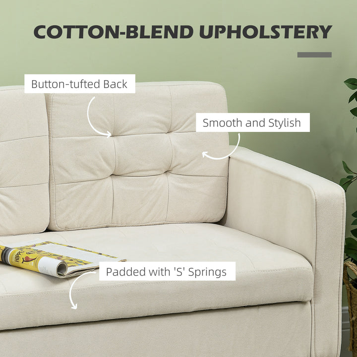 Modern Loveseat Sofa, Compact 2 Seater Sofa with Hidden Storage, 117cm Tufted Cotton Couch with Wood Legs, Cream White
