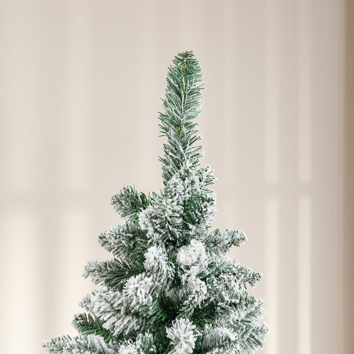 6 Ft Snow Flocked Artificial Christmas Tree, Xmas Pencil Tree with Realistic Branches, Auto Open, Pinewood Base, Green