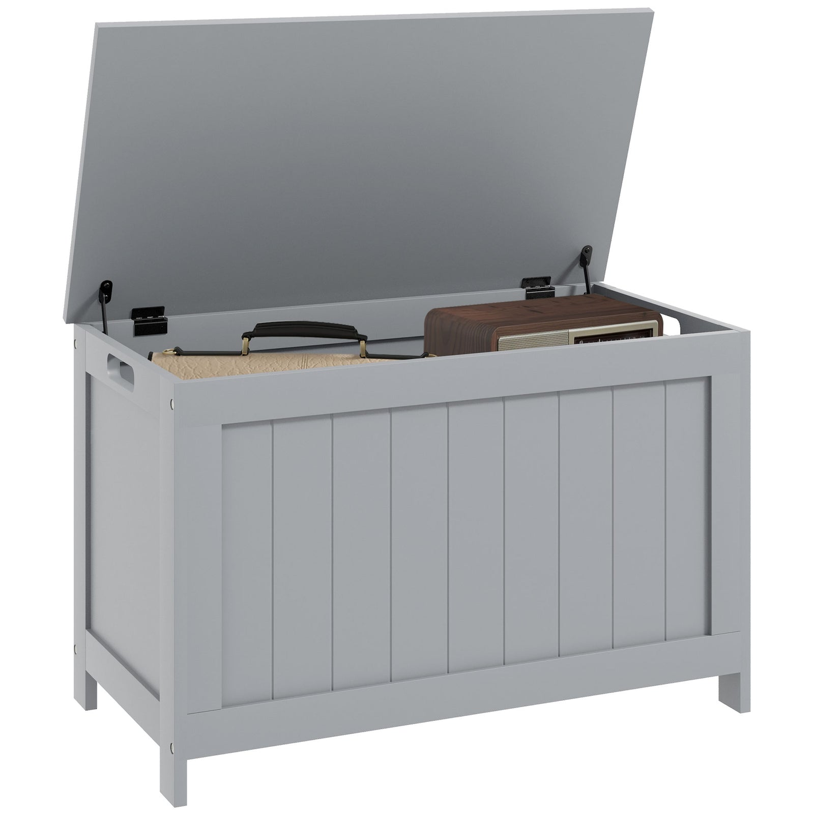Storage Chest, Modern Storage Trunk with 2 Safety Hinges and Cut-out Handles, Wooden Toy Box for Living Room, Entryway, 76 x 40 x 48 cm, Grey