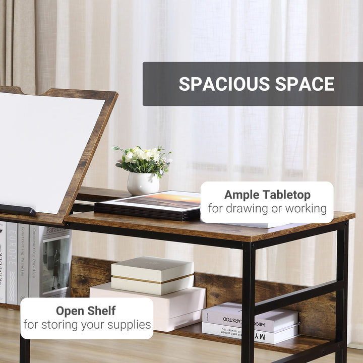 MCL Adjustable Drafting Table Art Desk Drawing Table, Craft Desk Workstation for Painting, Multifunctional Writing Desk w/ 15-Level Tiltable Tabletop and Storage Shelf, Home Office, Rustic Brown