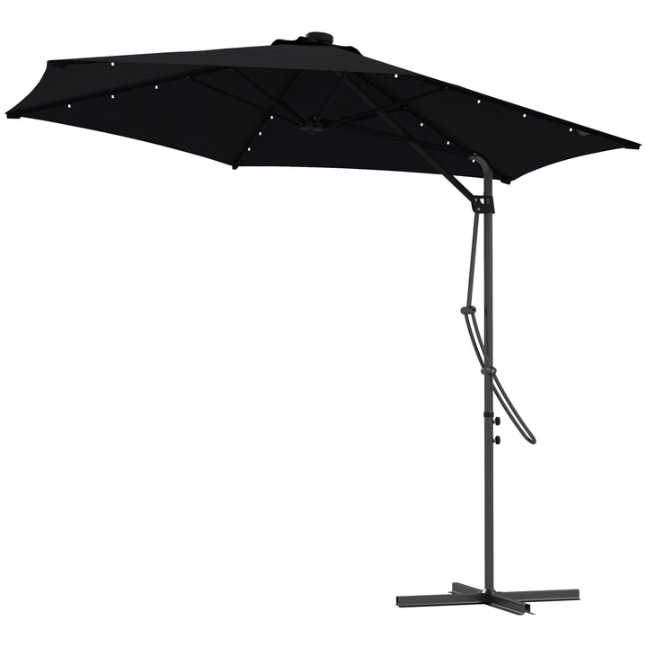 Outsunny Waterproof 3(m) Garden Parasol Cantilever Umbrella with Solar LED, Cross Base and Waterproof Cover, Black | Aosom UK