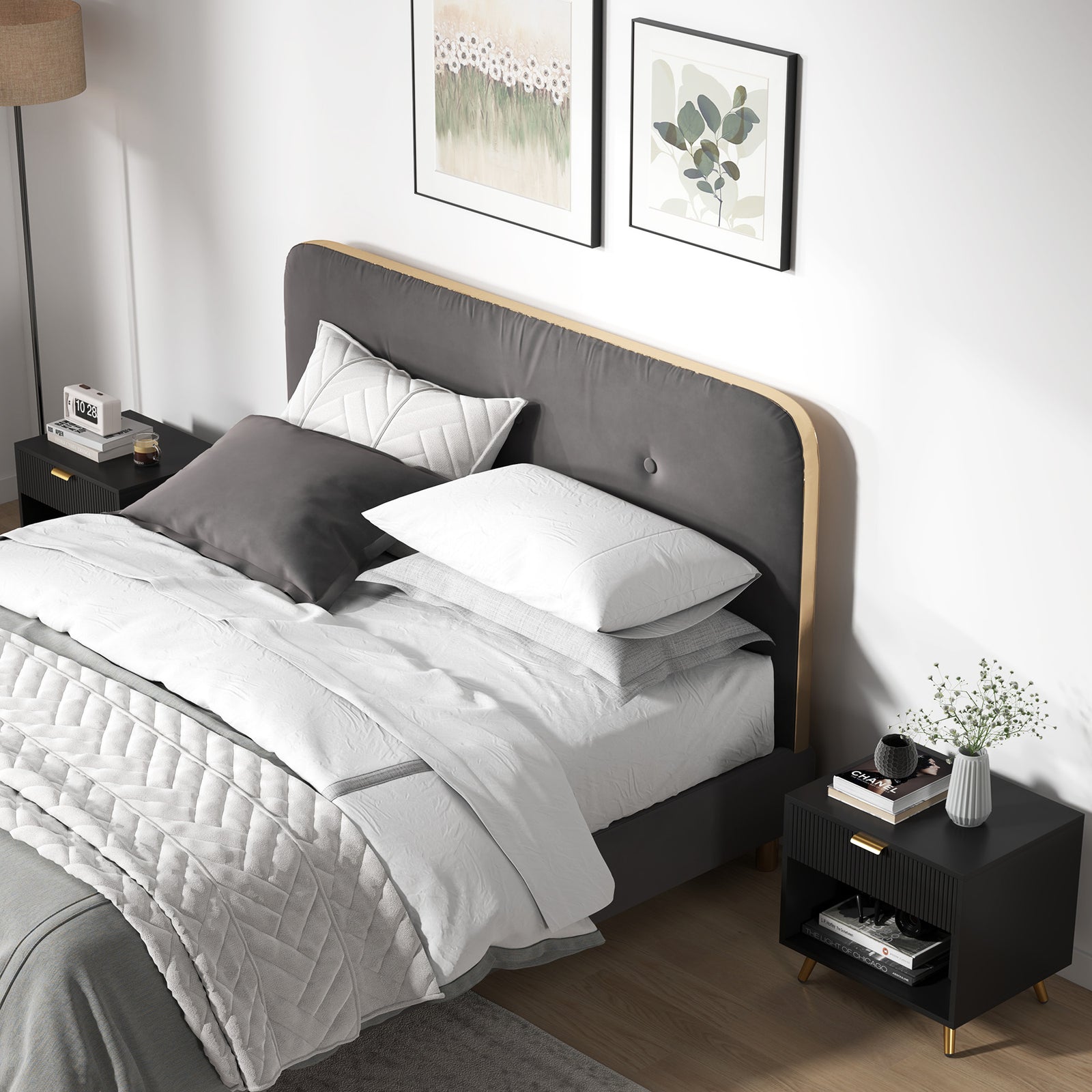 Elegant Bedside Table Set of 2, with Drawer and Shelf - Black/Gold Tone