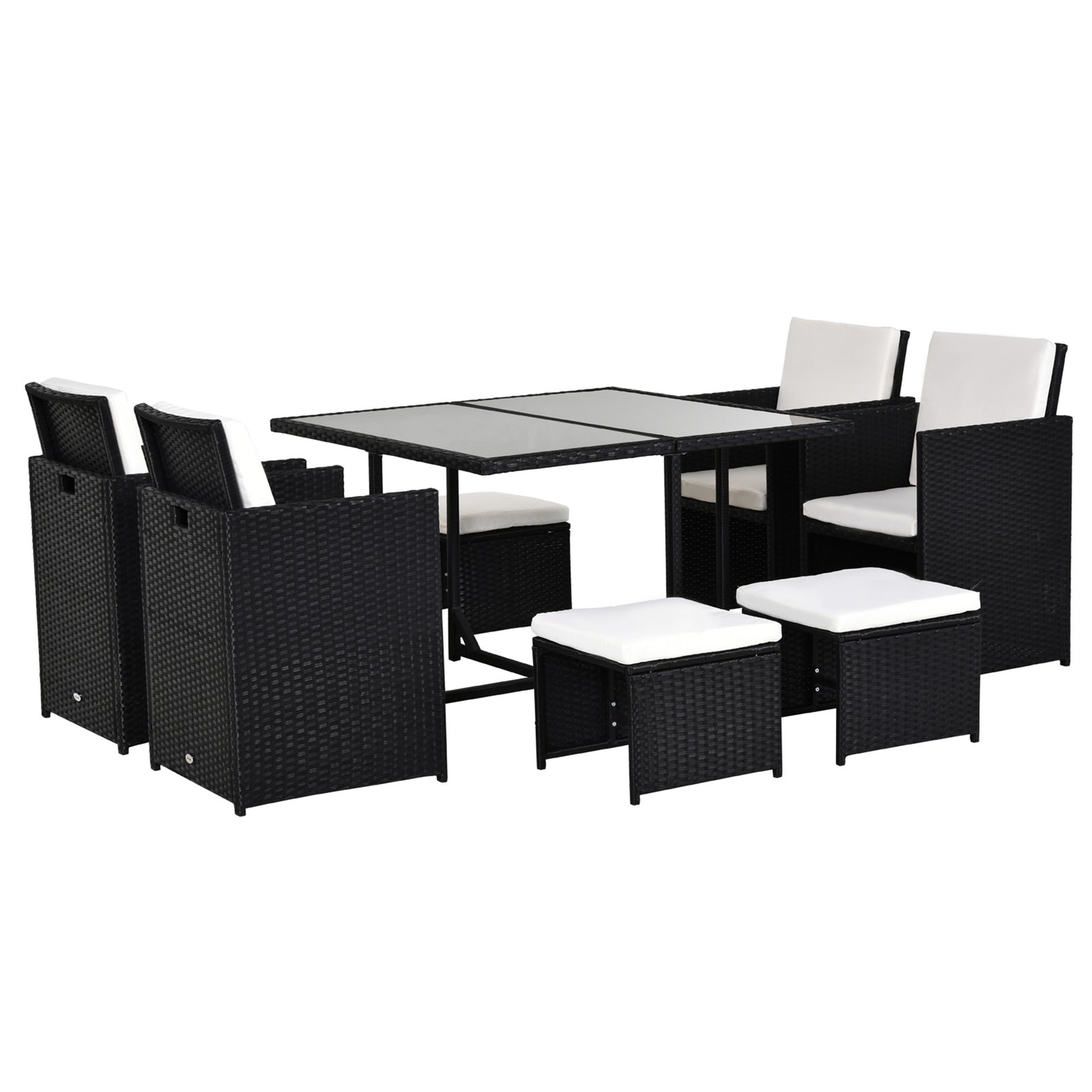 8 Seater Rattan Cube Garden Furniture Set, Rattan Dining Set with Cushions, Outdoor Dining Table and Chairs with 4 Armchairs, 4 Stools, Square Glass Top Table, Black