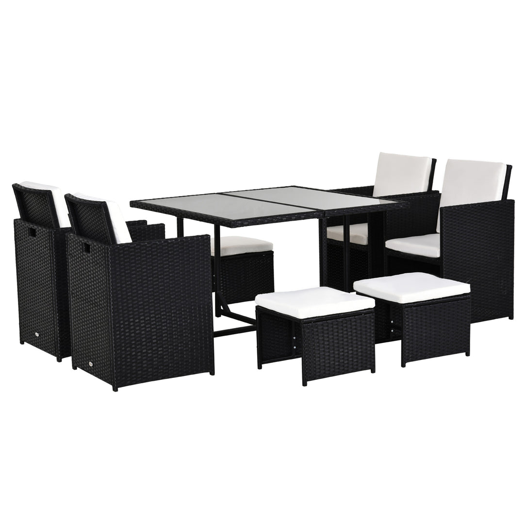 MCL 8 Seater Rattan Cube Garden Furniture Set, Rattan Dining Set with Cushions, Outdoor Dining Table and Chairs with 4 Armchairs, 4 Stools, Square Glass Top Table, Black