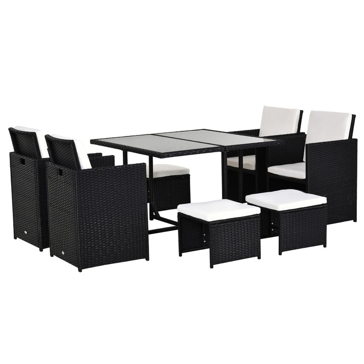 MCL 8 Seater Rattan Cube Garden Furniture Set, Rattan Dining Set with Cushions, Outdoor Dining Table and Chairs with 4 Armchairs, 4 Stools, Square Glass Top Table, Black