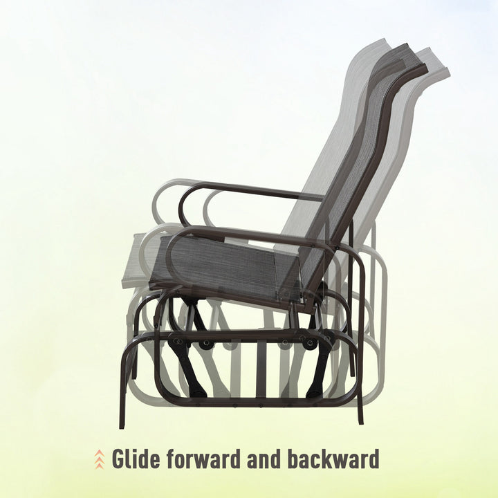 3 Pieces Garden Gliding Chair Set, Metal Frame 2 Single Armchair Swing Seater and 1 Glass Top Coffee Table w/ Breath Mesh Fabric Seat, Brown