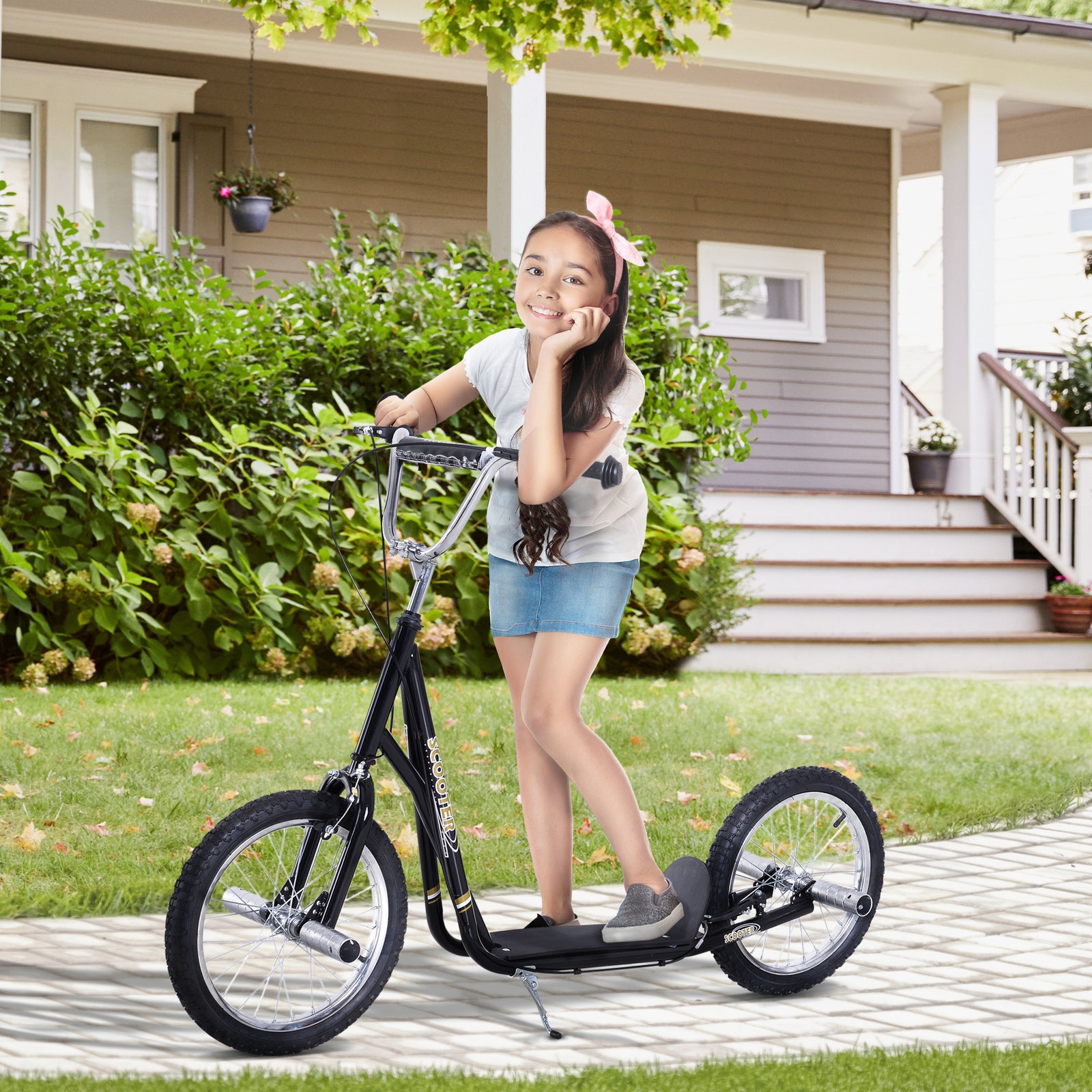 Stunt Scooter, Kids Scooter with 16" Big Wheels, Adjustable Height, Dual Brakes, for Ages 5+ Years, Black