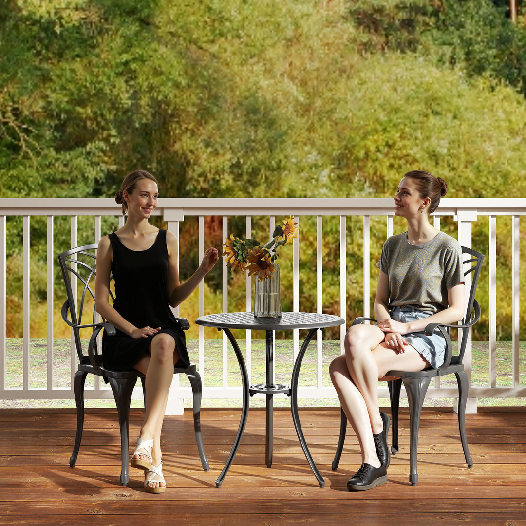 3 Pieces Garden Dining Set for 2, Cast Aluminium Outdoor Dining Set with 2 Armchairs and Round Dining Table with Parasol Hole, Garden Furniture Set, Brown
