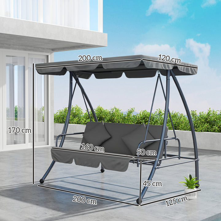 Outdoor 2-in-1 Swing Chair Lounger 3 Seater Garden Swing Seat Bed Convertible Tilt Canopy W/ Cushion, Light Grey