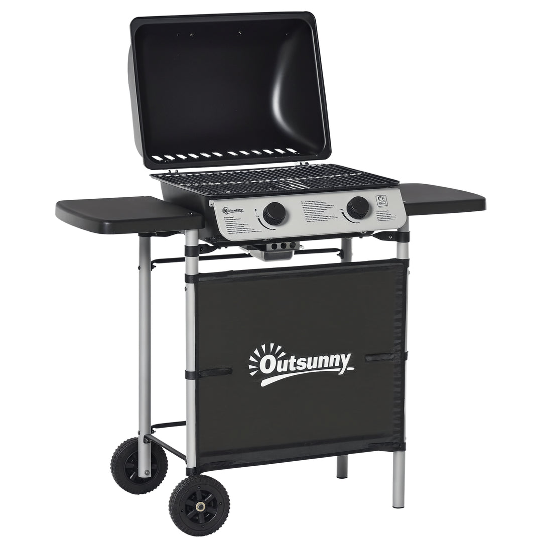 2 Burner Gas BBQ Trolley with Lid, 5.6 kW Gas Barbecue Grill with Whee