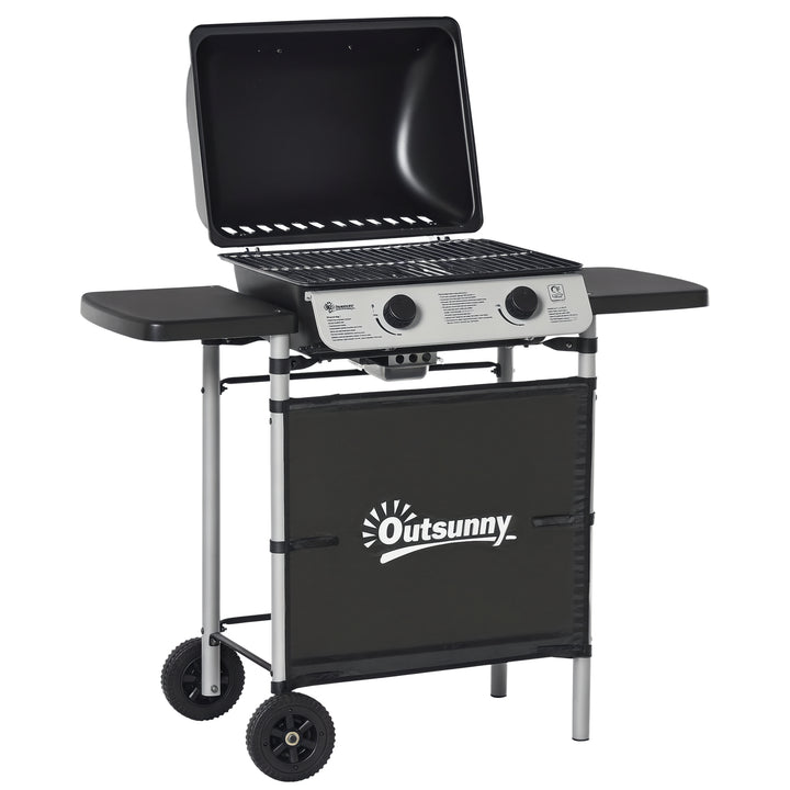2 Burner Gas BBQ Trolley with Lid, 5.6 kW Gas Barbecue Grill with Whee