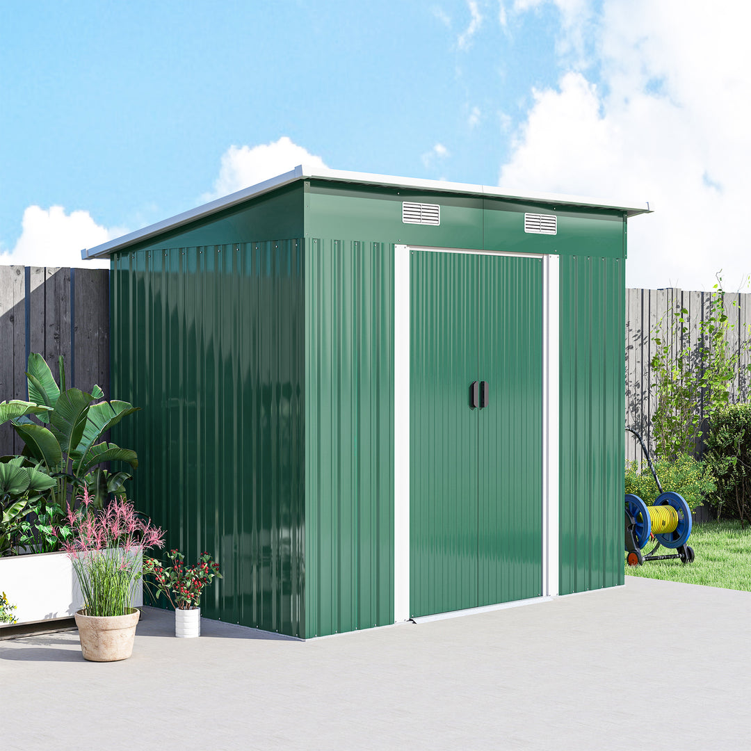 7 x 4ft Outdoor Storage Shed with Foundation Kit, Lean to Metal Garden Shed for Log, Rubbish Bin, Tool, Lawnmower, Bike, Patio and Lawn Use, Green