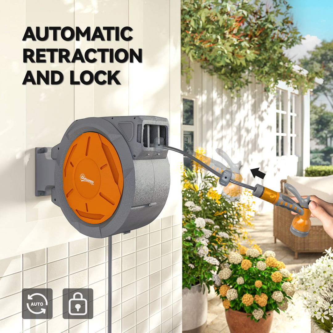 Outsunny Retractable Hose Reel Wall Mounted, 30+2m Garden Hose Pipe Reel with Lock, Auto Rewind, 7 in 1 Spray Nozzle, Includes Wall Fixings, 180° Swivel, Outdoor Watering, Orange