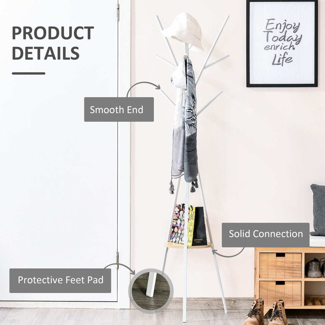MCL Freestanding Metal Coat Rack Stand 9 Hooks Clothes Tree with 1 Shelf Hat Display Hall Tree Hanger Bag Umbrella Hanging Organiser White