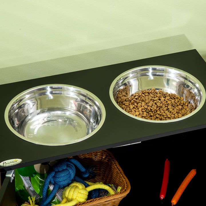 Raised Pet Feeder, with Two Bowls, Storage - Black