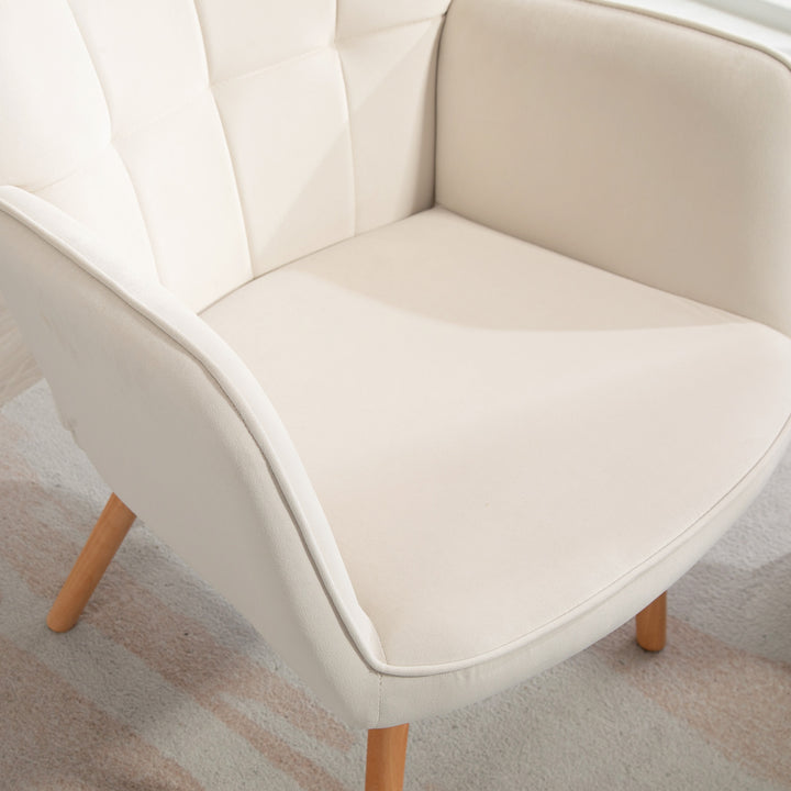 Modern Accent Chair Set of 2 Velvet-Touch Tufted Wingback Armchair Upholstered Leisure Lounge Sofa Club Chair with Wood Legs, Cream White