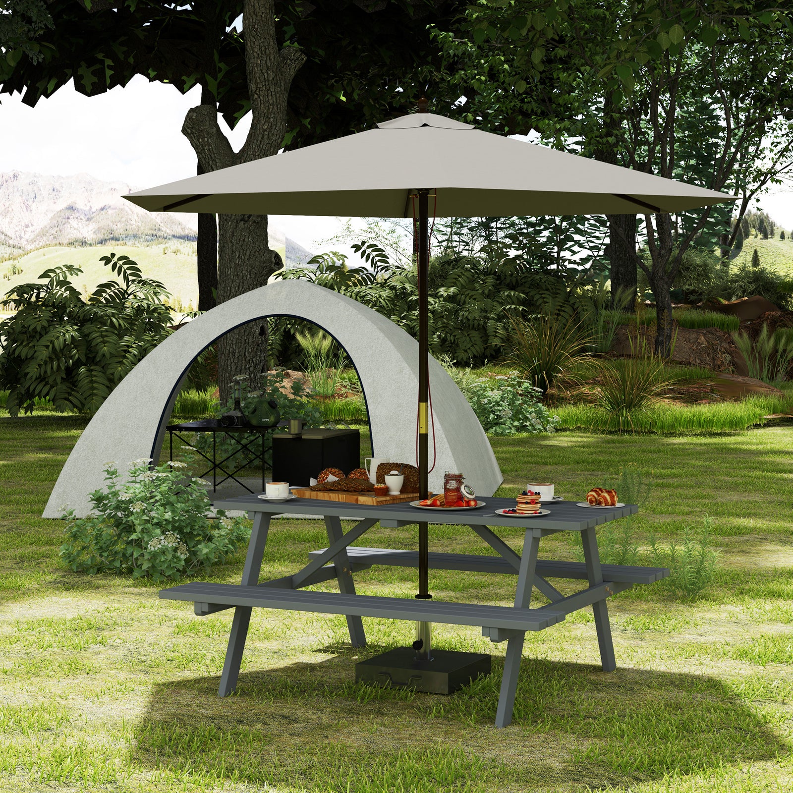 6 Seater Wooden Picnic Table Bench for Outdoor Garden or Patio with Parasol Cutout 150 cm Grey