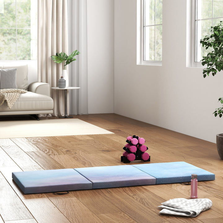 MCL 6FT Foldable Gymnastics Mat, Tri-Fold 2" Thick Crash Mat with Carry Strap Handles for Home Training, Sky Blue