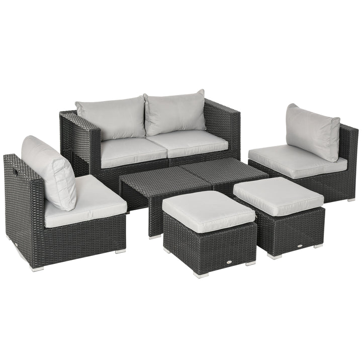 8 Pieces PE Rattan Sofa Set with Cushions, Garden Corner Sofa with 4 Seater Sofa, 2 Footstools and 2 Coffee Table Set, Space-saving Design, No Assembly Required, Black