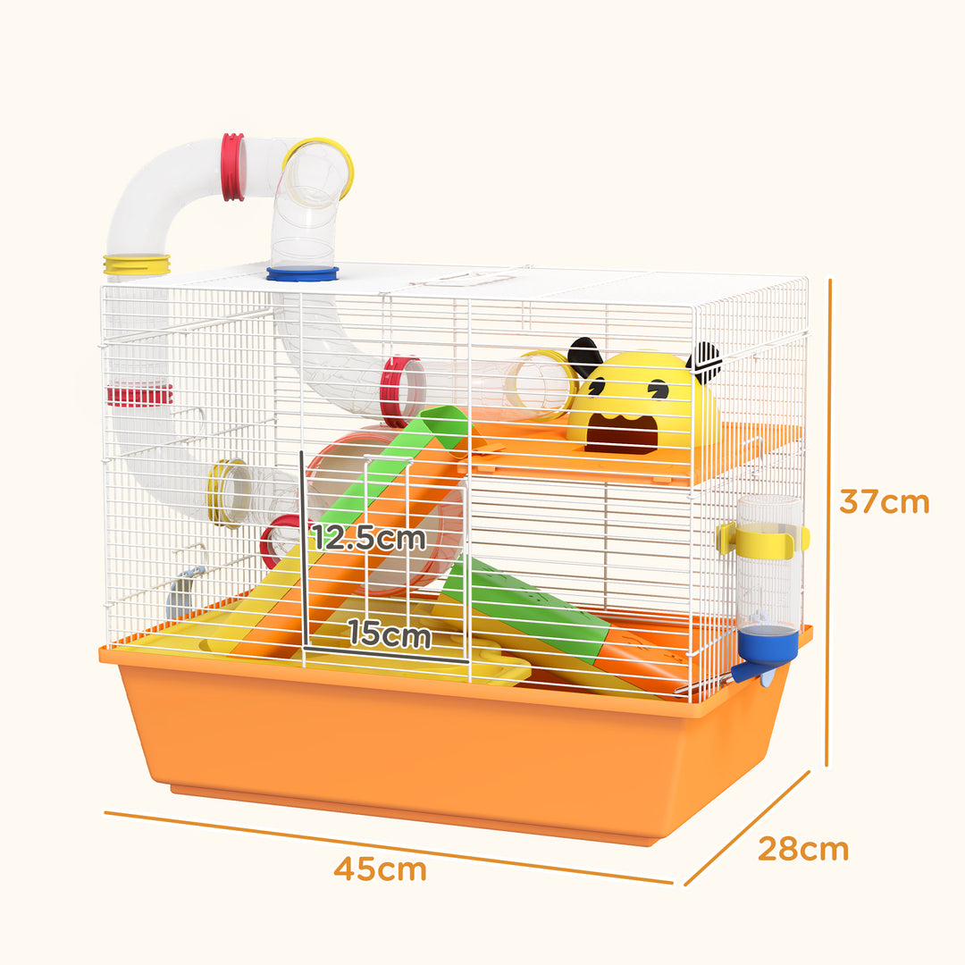 PawHut 3 Tiers Gerbil Cage, Hamster Cage with Tubes, Exercise Wheel, Ladder, Top Handle, 45 x 28 x 37cm - Orange | Aosom UK