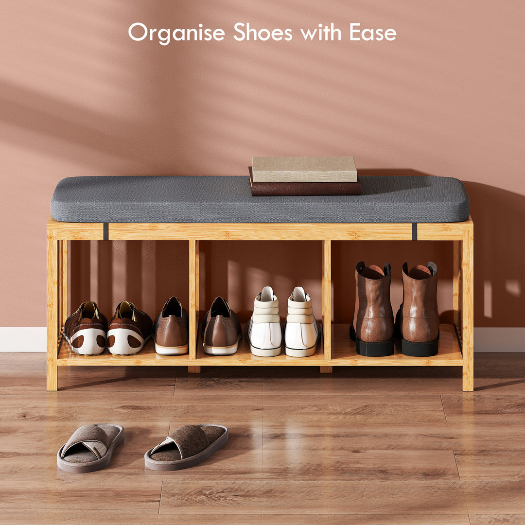 Bamboo Shoe Bench, Entryway Storage Bench with Padded Cushion and Open