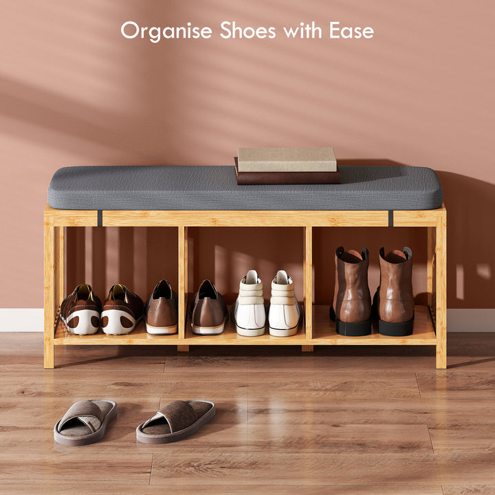 Bamboo Shoe Bench, Entryway Storage Bench with Padded Cushion and Open