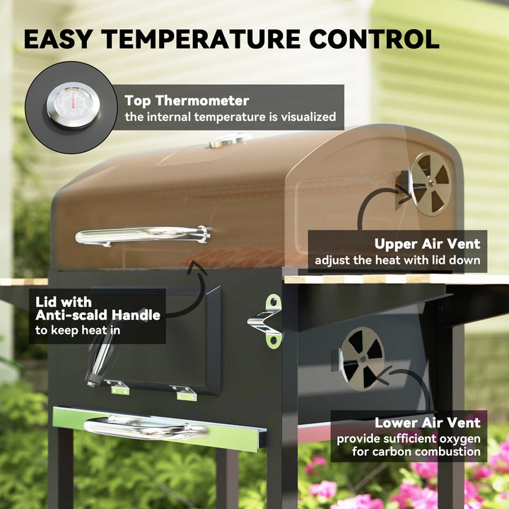 Charcoal BBQ Grill with Height Adjustable Charcoal Pan, Barbecue Smoker with Warming Rack, 3 Shelves, Temperature Gauge, Wheels, Bottle Opener for Outdoor Cooking Garden Party