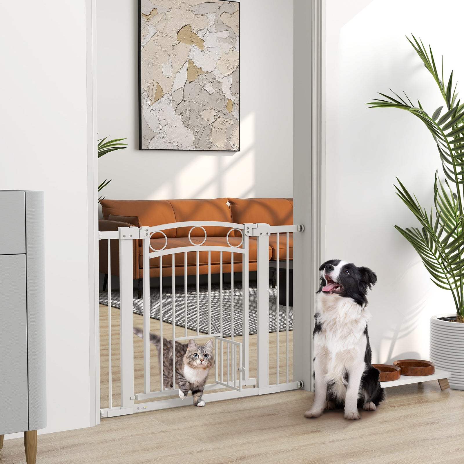 77cm Tall Dog Gate with Cat Door, 7cm and 14cm Extensions, for Stairs, Doorways, 76-104cm Width