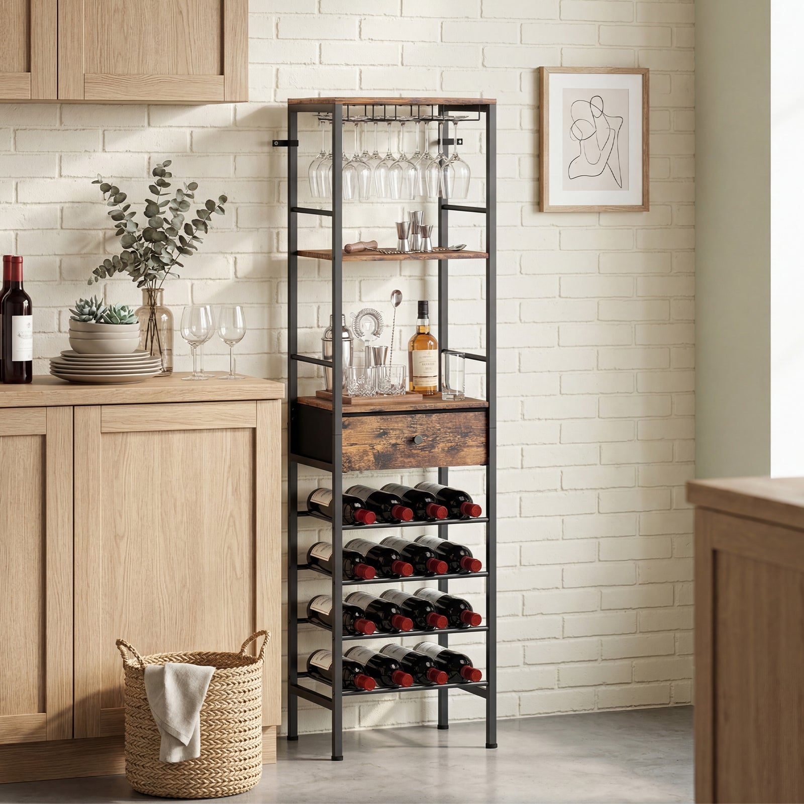 Industrial Wine Bar Cabinet Freestanding Liquor Cabinet 16-Bottle Wine