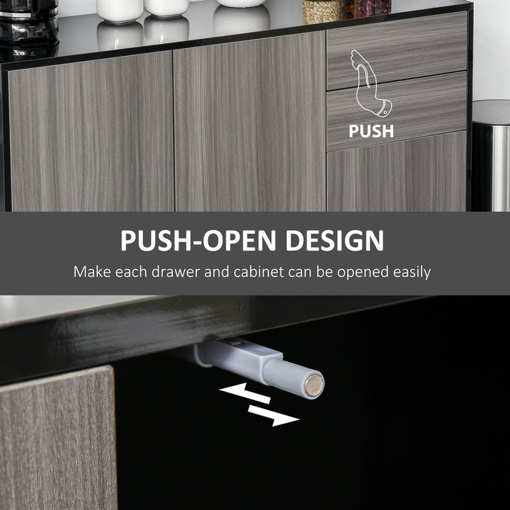 High Gloss Side Cabinet, Push-Open Design with 2 Drawers and 2 Cabinets for Living Room, 74H x 117W x 36Dcm, Light Grey and Black