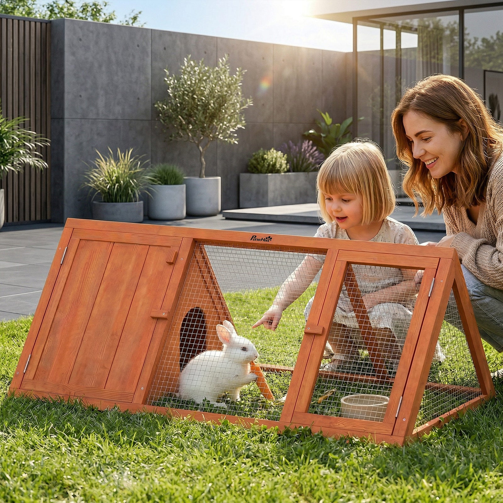 Rabbit Hutch, Wooden Guinea Pig Hutch with Run and Doors, Outdoor Tria