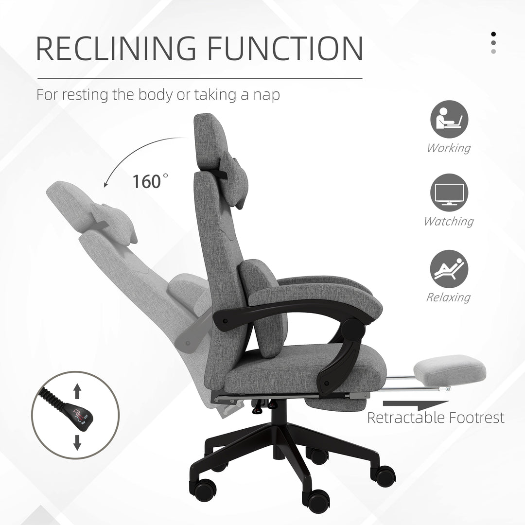 Linen-Look Office Chair, with 160° Reclining Back and Footrest - Grey