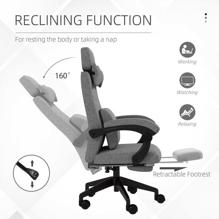 Linen-Look Office Chair, with 160° Reclining Back and Footrest - Grey