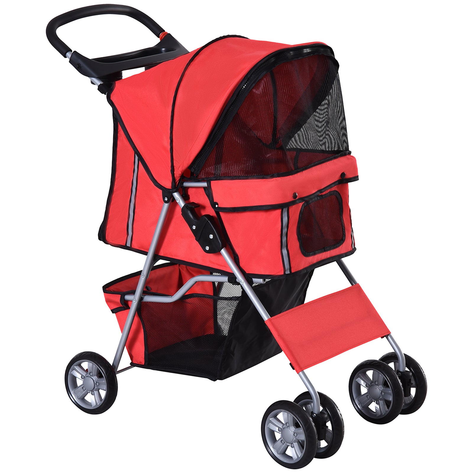 Pet Stroller for Small Miniature Dogs Cats Foldable Travel Carriage with Wheels Zipper Entry Cup Holder Storage Basket Red